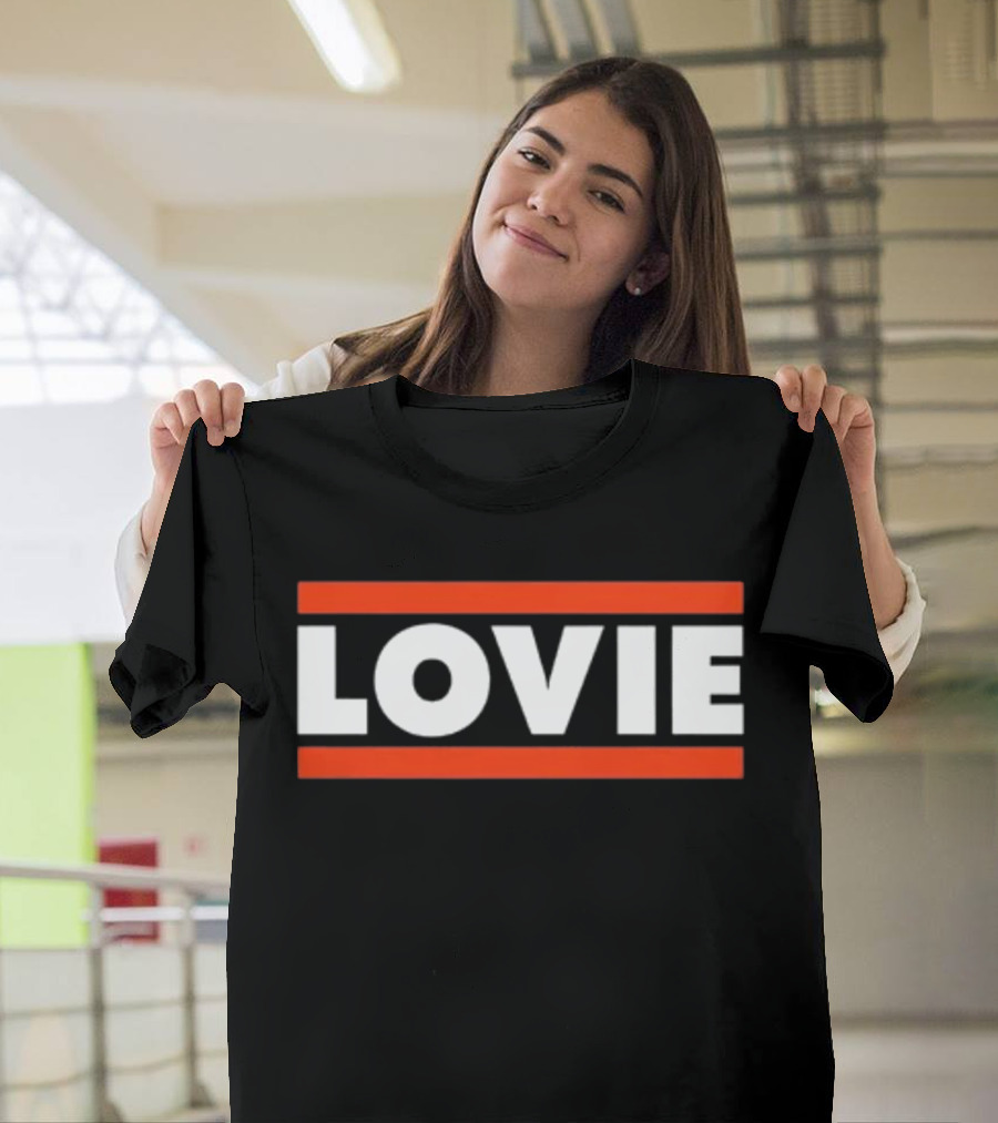LOVIE Bold Block Letters With Red Stripes T-Shirt