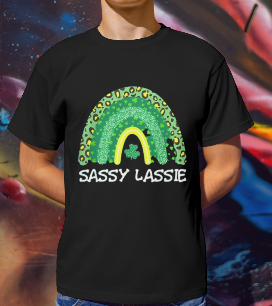 St Patricks Day Women Funny Sassy Lassie Leopard Rainbow Shamrock T-Shirt