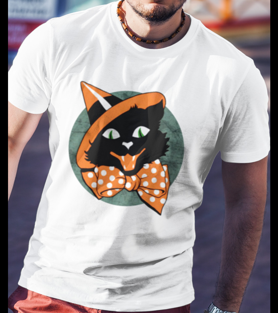 Halloween Black Cat Vintage Witch Hat Polka Dot Bow Tie T-Shirt