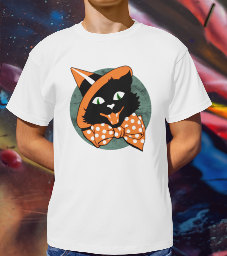 Halloween Black Cat Vintage Witch Hat Polka Dot Bow Tie T-Shirt