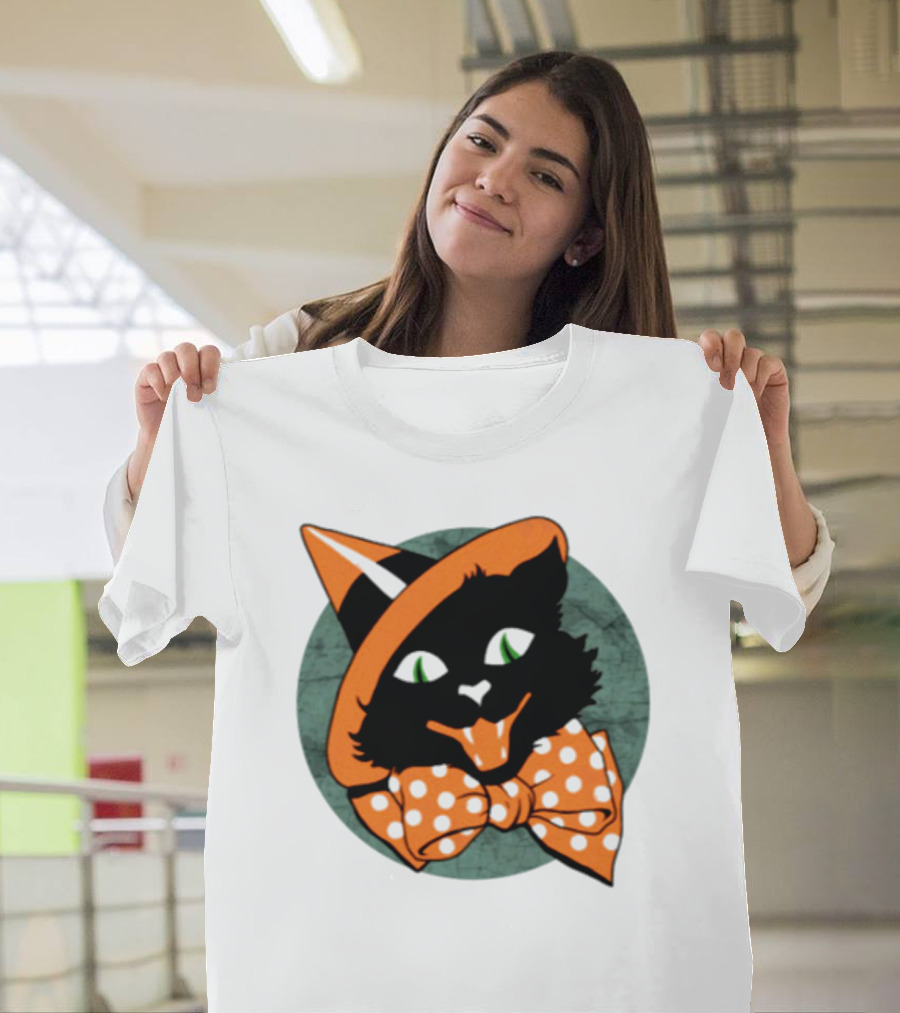 Halloween Black Cat Vintage Witch Hat Polka Dot Bow Tie T-Shirt