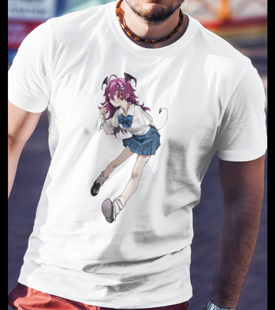 Devil Girl Anime School Uniform Purple Hair Horns Tail T-Shirt