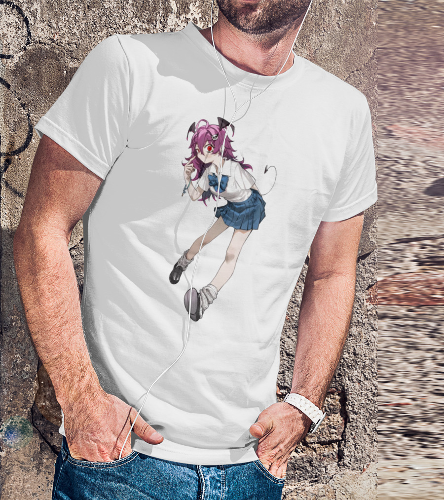 Devil Girl Anime School Uniform Purple Hair Horns Tail T-Shirt