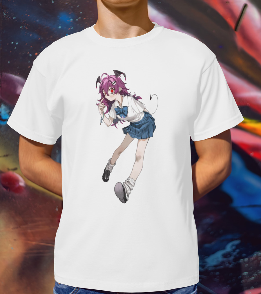 Devil Girl Anime School Uniform Purple Hair Horns Tail T-Shirt