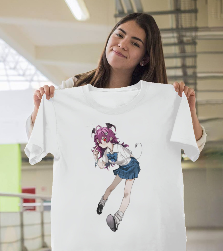 Devil Girl Anime School Uniform Purple Hair Horns Tail T-Shirt