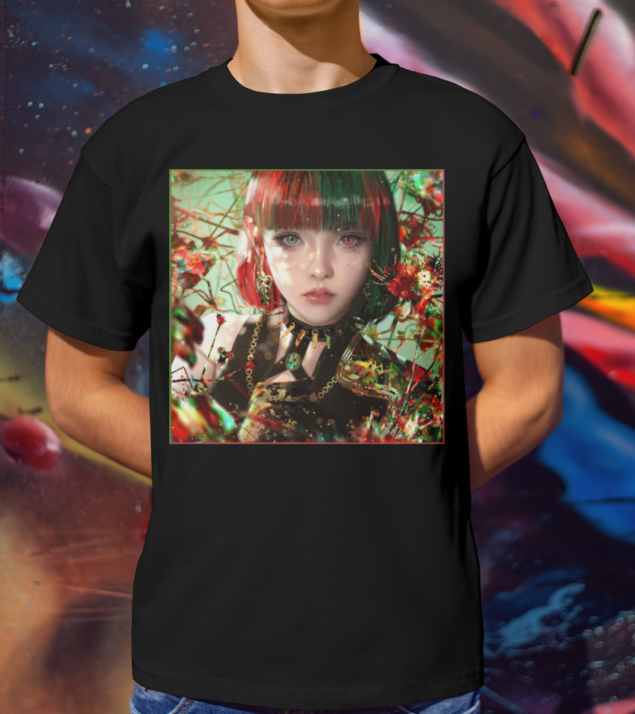 Green Red Sticker Fantasy Portrait Vibrant Blossoms Dual-Tone Hair T-Shirt
