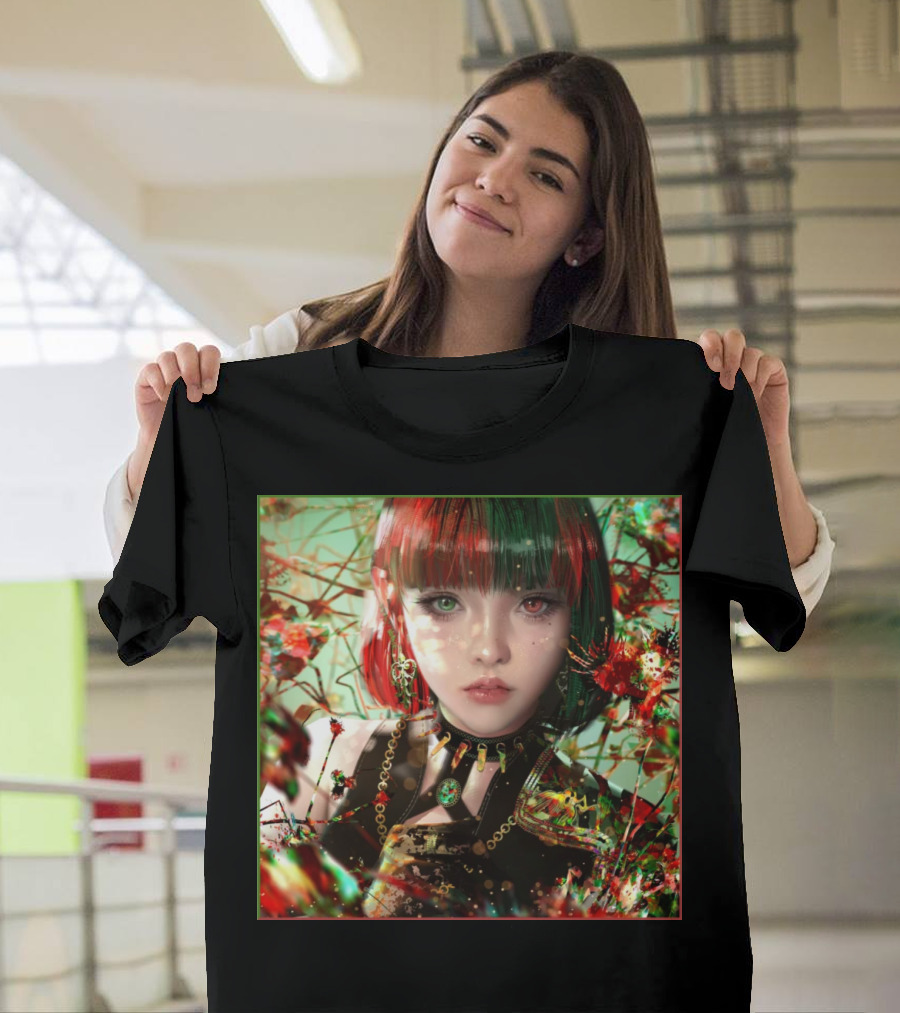 Green Red Sticker Fantasy Portrait Vibrant Blossoms Dual-Tone Hair T-Shirt