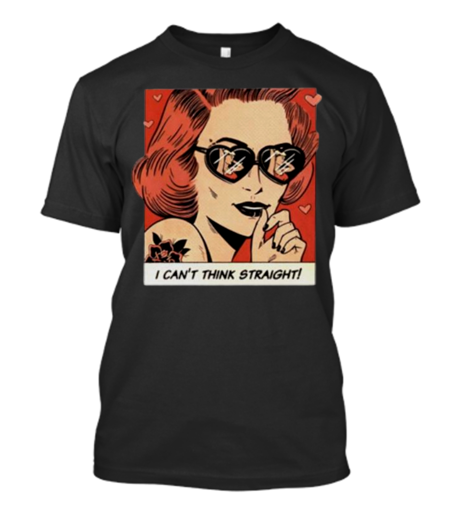 I Can't Think Straight Retro Comic Style Red Hearts Sunglasses Woman T-Shirt