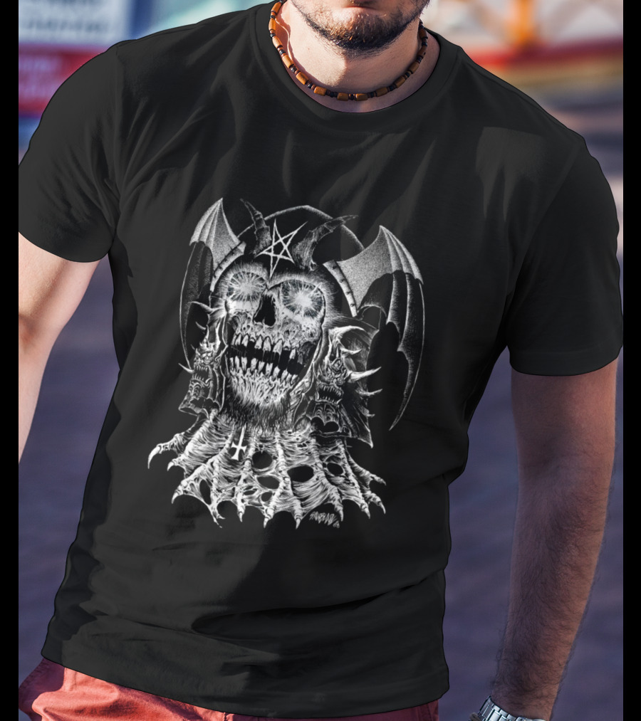 Lucifer's Helm Infernal Skull With Pentagram And Bat Wings T-Shirt