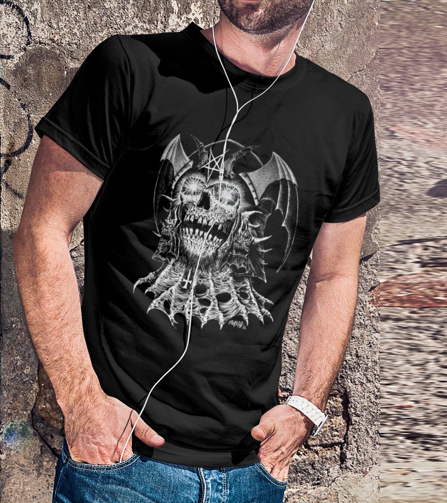 Lucifer's Helm Infernal Skull With Pentagram And Bat Wings T-Shirt