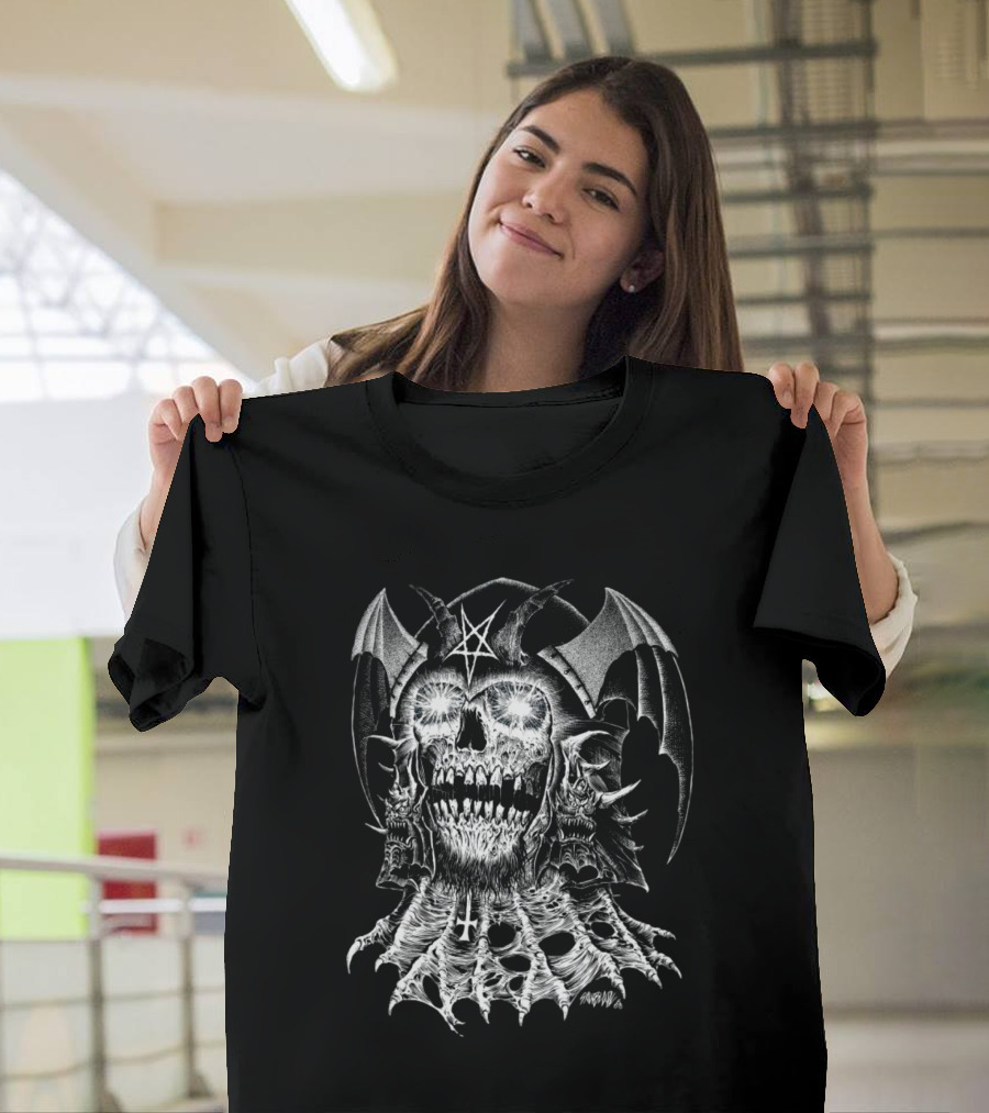 Lucifer's Helm Infernal Skull With Pentagram And Bat Wings T-Shirt