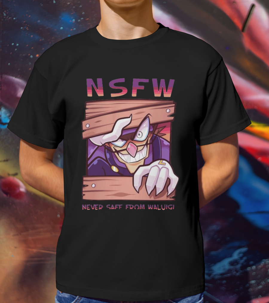 NSFW Never Safe From Waluigi Spaicy Waluigi Peeking Through Wooden Planks T-Shirt
