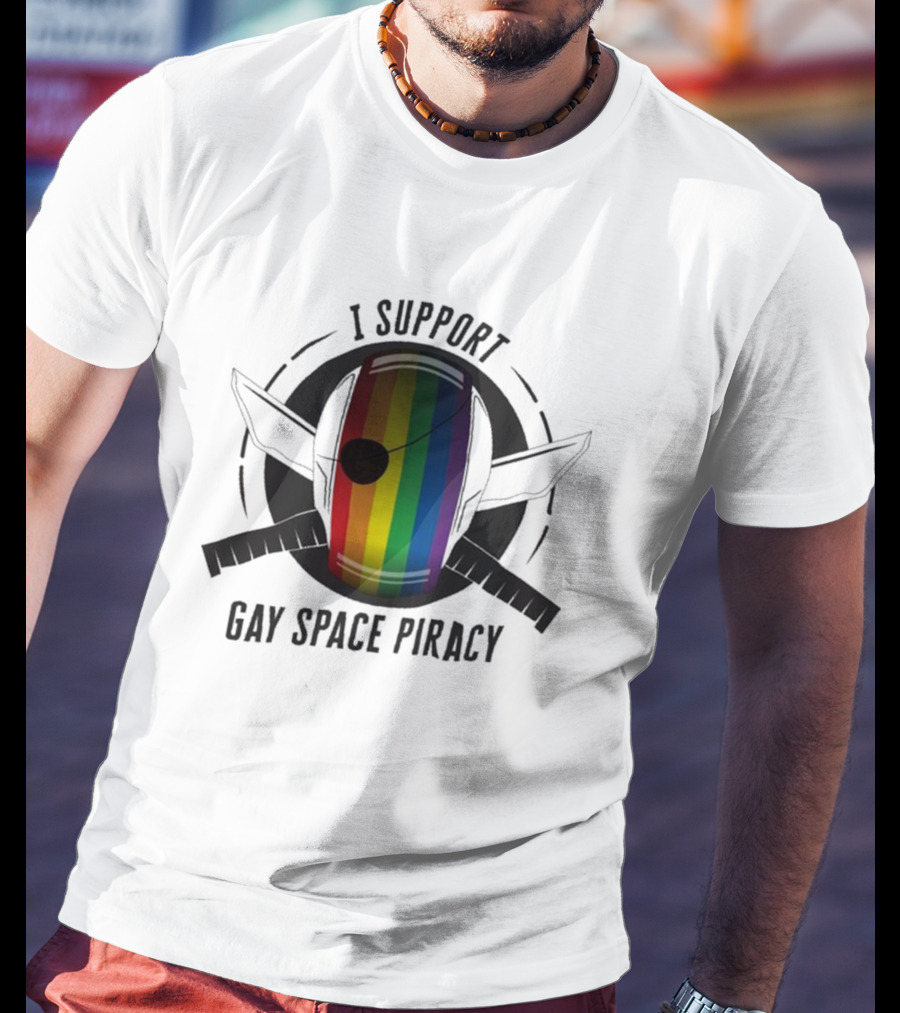 I Support Gay Space Piracy Pride Rainbow Flag Patch T-Shirt