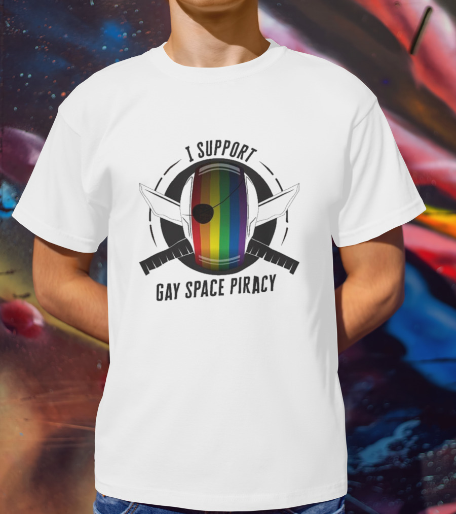 I Support Gay Space Piracy Pride Rainbow Flag Patch T-Shirt