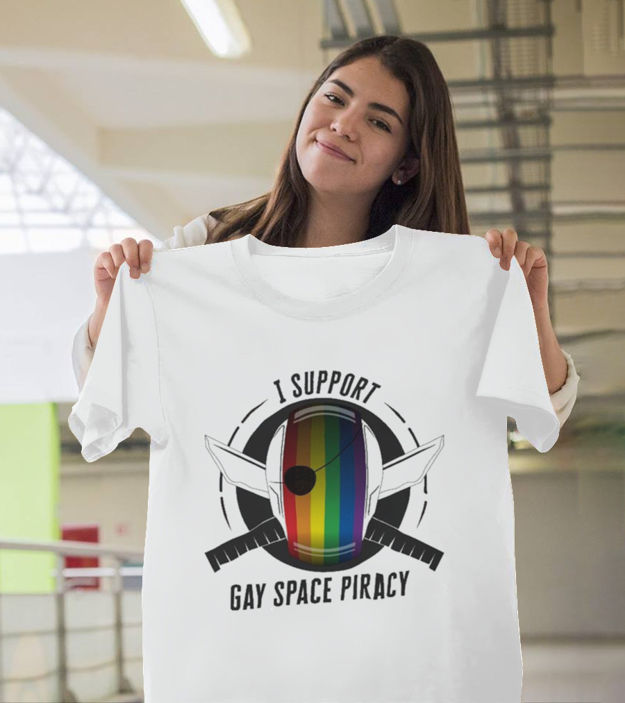 I Support Gay Space Piracy Pride Rainbow Flag Patch T-Shirt