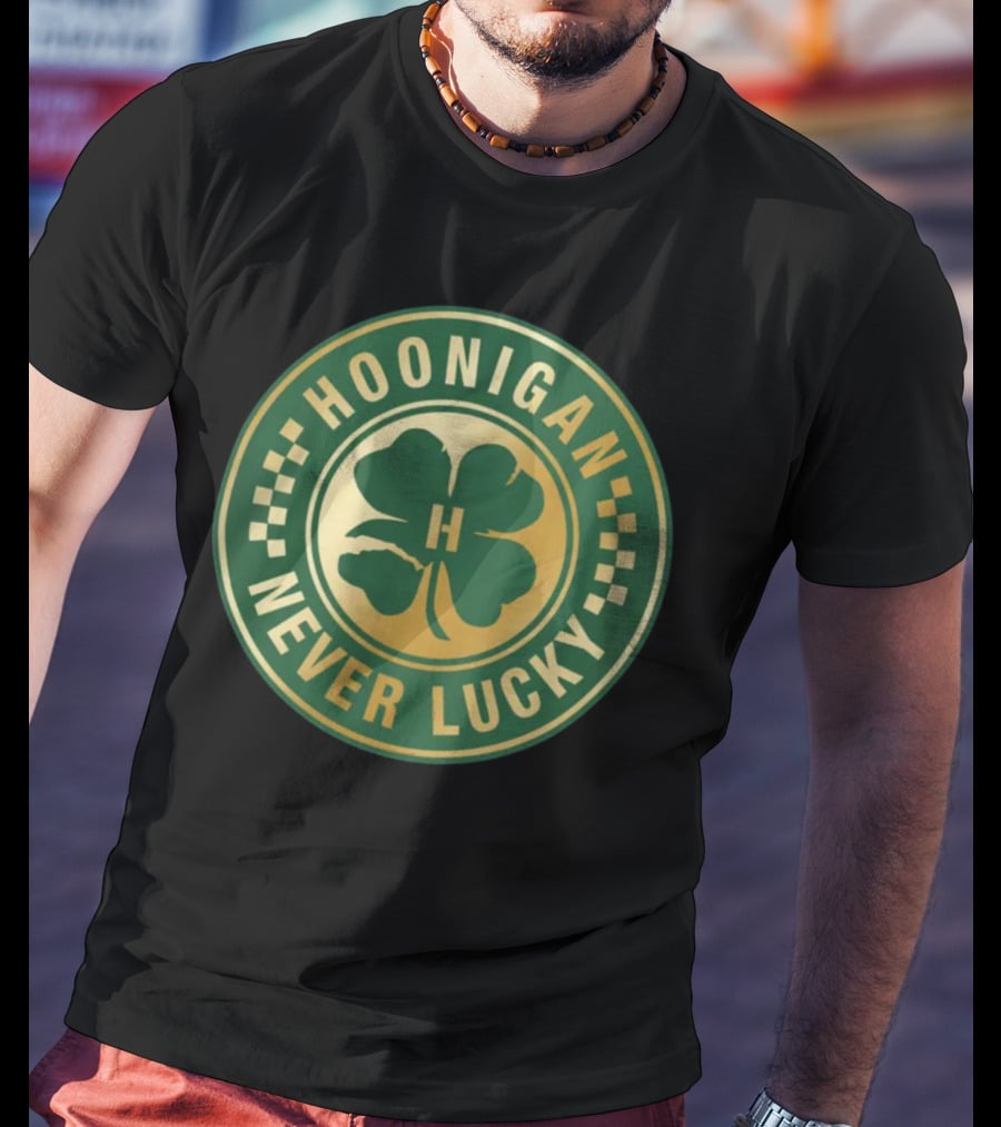 Hoonigan Never Lucky Four Leaf Clover Checkerboard Badge T-Shirt