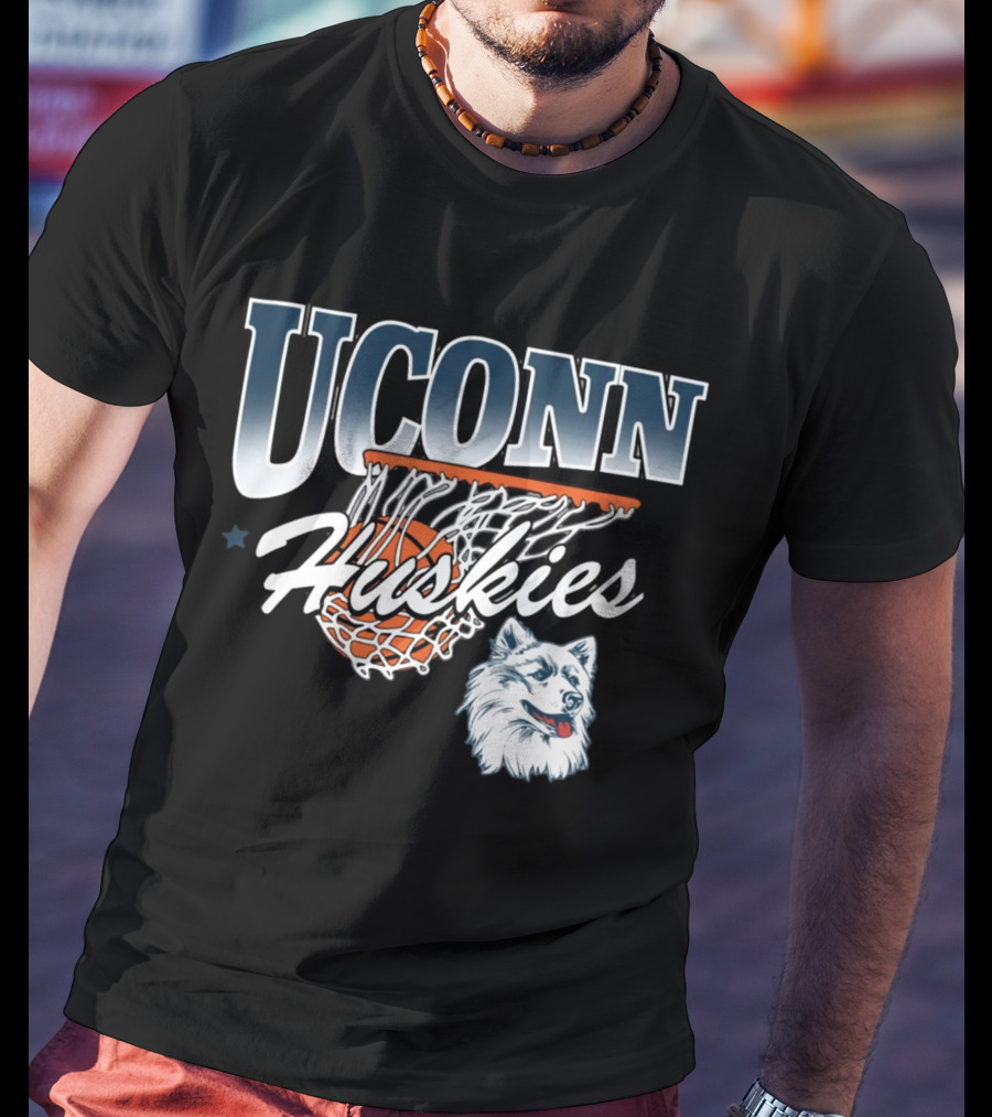 UConn Huskies Basketball Husky Mascot And Net T-Shirt