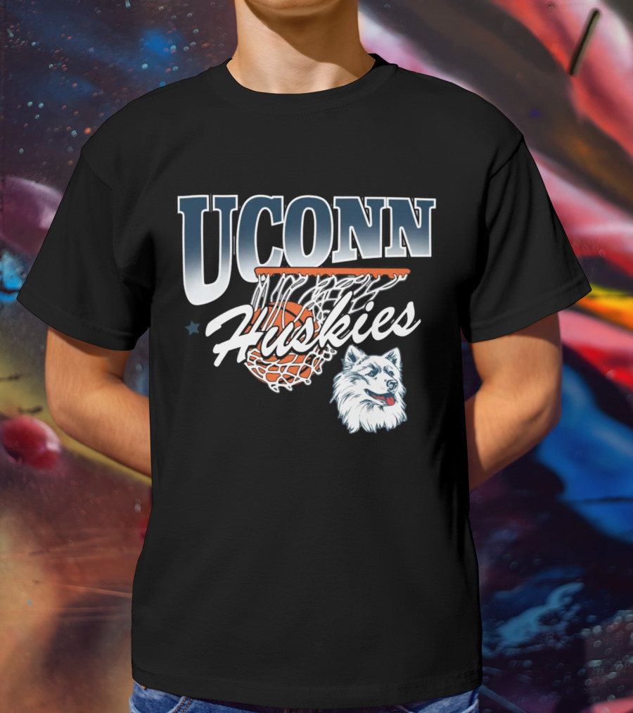 UConn Huskies Basketball Husky Mascot And Net T-Shirt