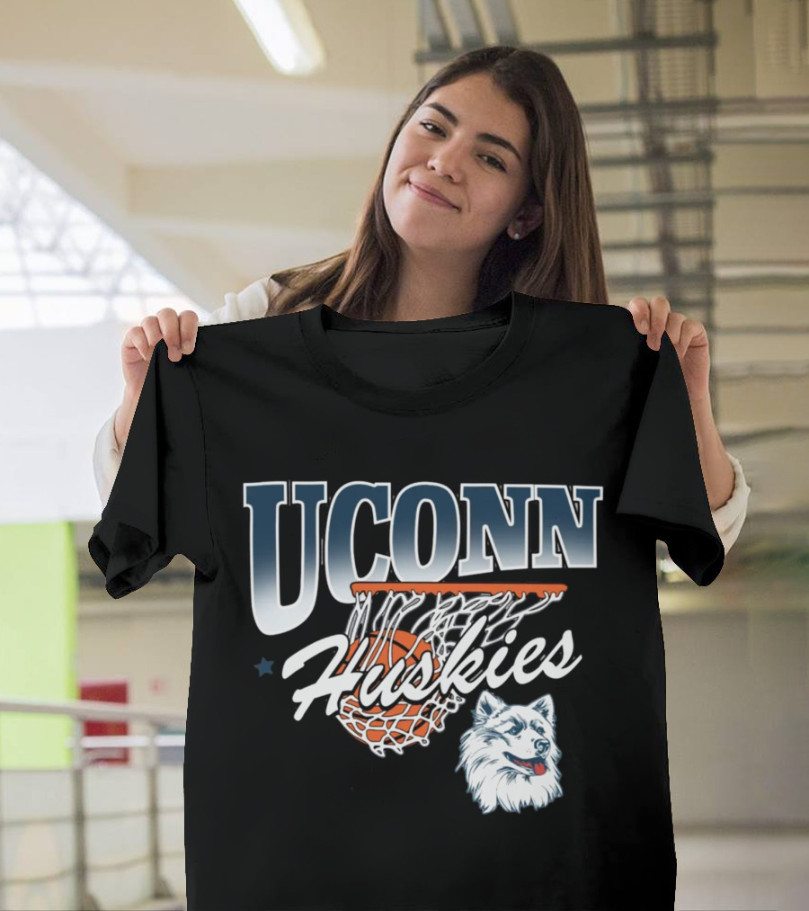 UConn Huskies Basketball Husky Mascot And Net T-Shirt