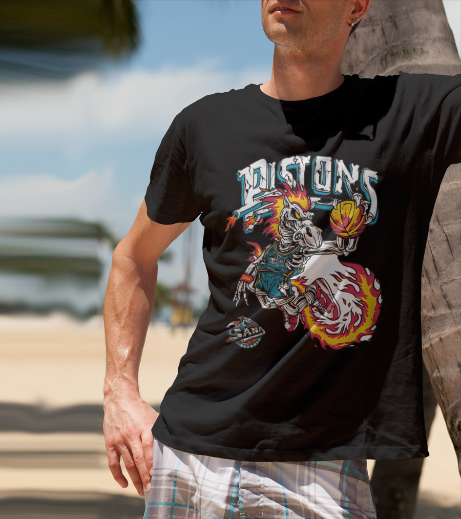 Sana Detroit Pistons Fiery Skeleton Basketball Dunk Pop-Up T-Shirt