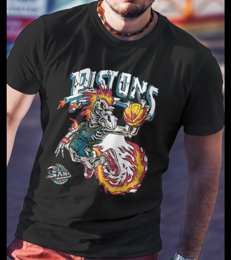 Sana Detroit Pistons Fiery Skeleton Basketball Dunk Pop-Up T-Shirt