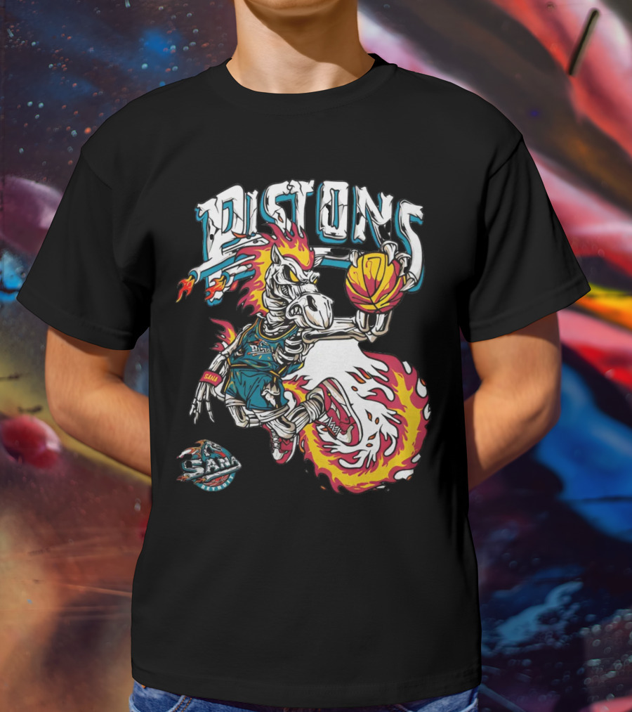 Sana Detroit Pistons Fiery Skeleton Basketball Dunk Pop-Up T-Shirt