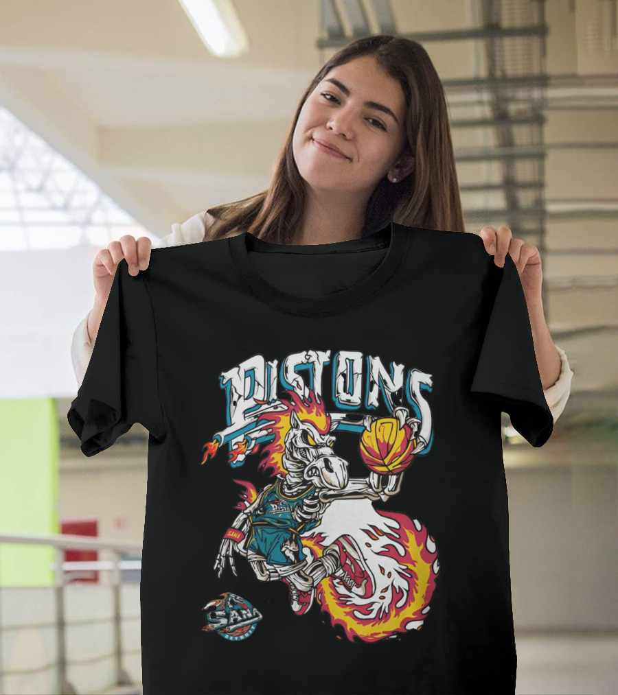 Sana Detroit Pistons Fiery Skeleton Basketball Dunk Pop-Up T-Shirt