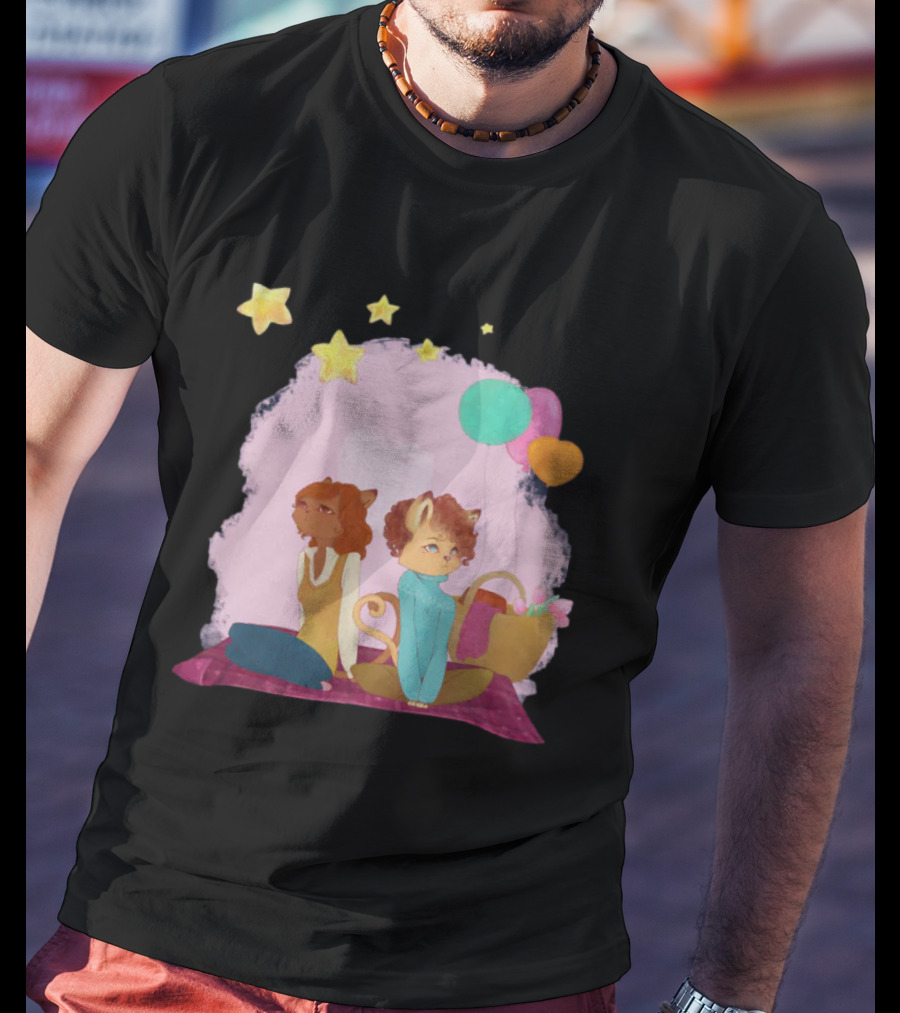Cute Lesbian Fashion Relationship Cat Couple With Stars And Balloons T-Shirt