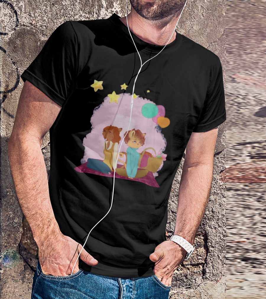 Cute Lesbian Fashion Relationship Cat Couple With Stars And Balloons T-Shirt