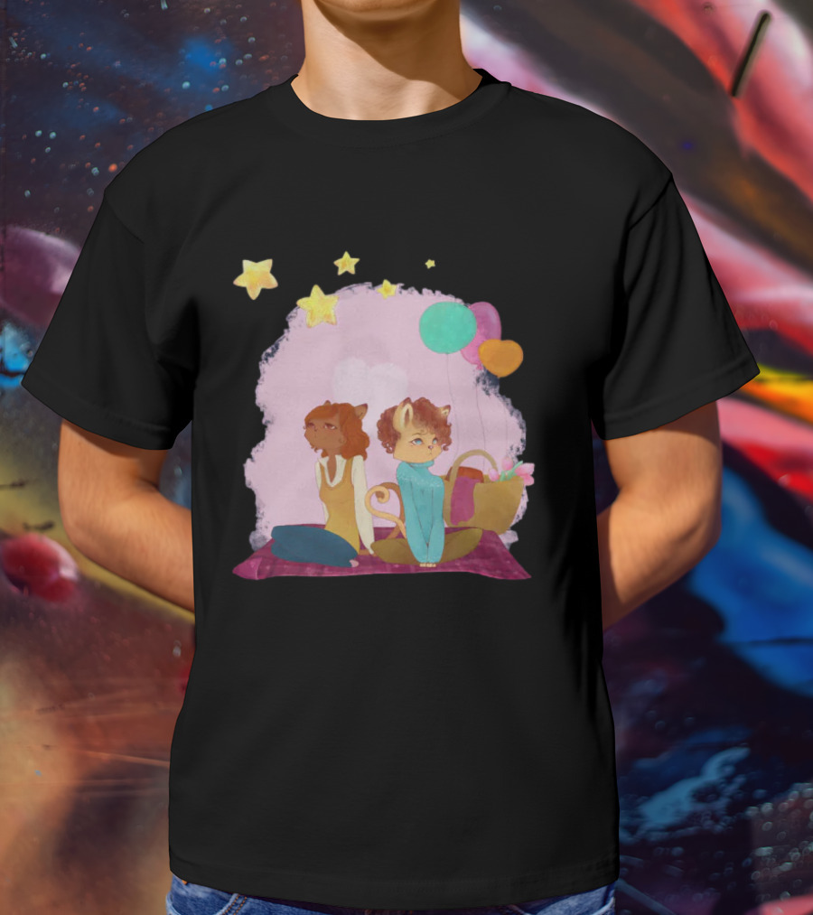 Cute Lesbian Fashion Relationship Cat Couple With Stars And Balloons T-Shirt