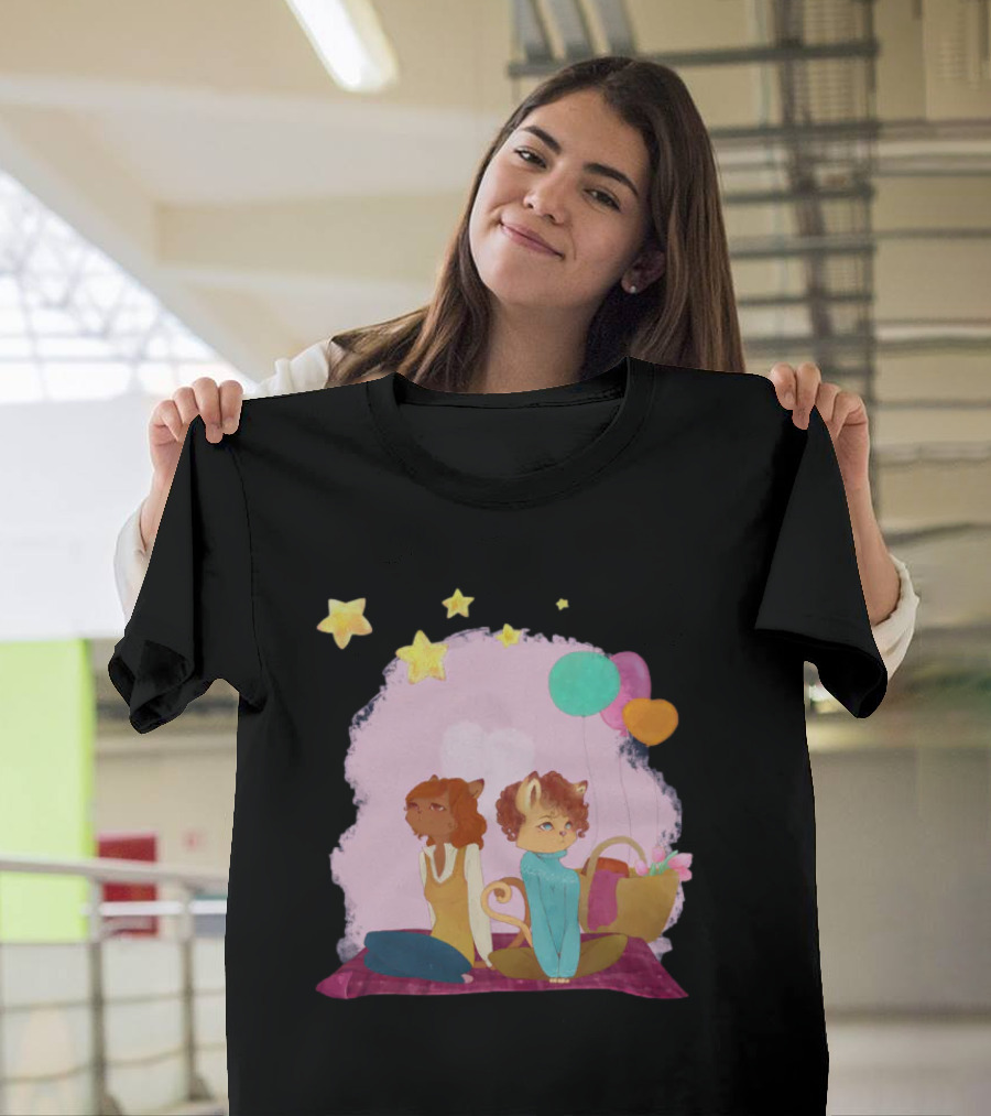 Cute Lesbian Fashion Relationship Cat Couple With Stars And Balloons T-Shirt