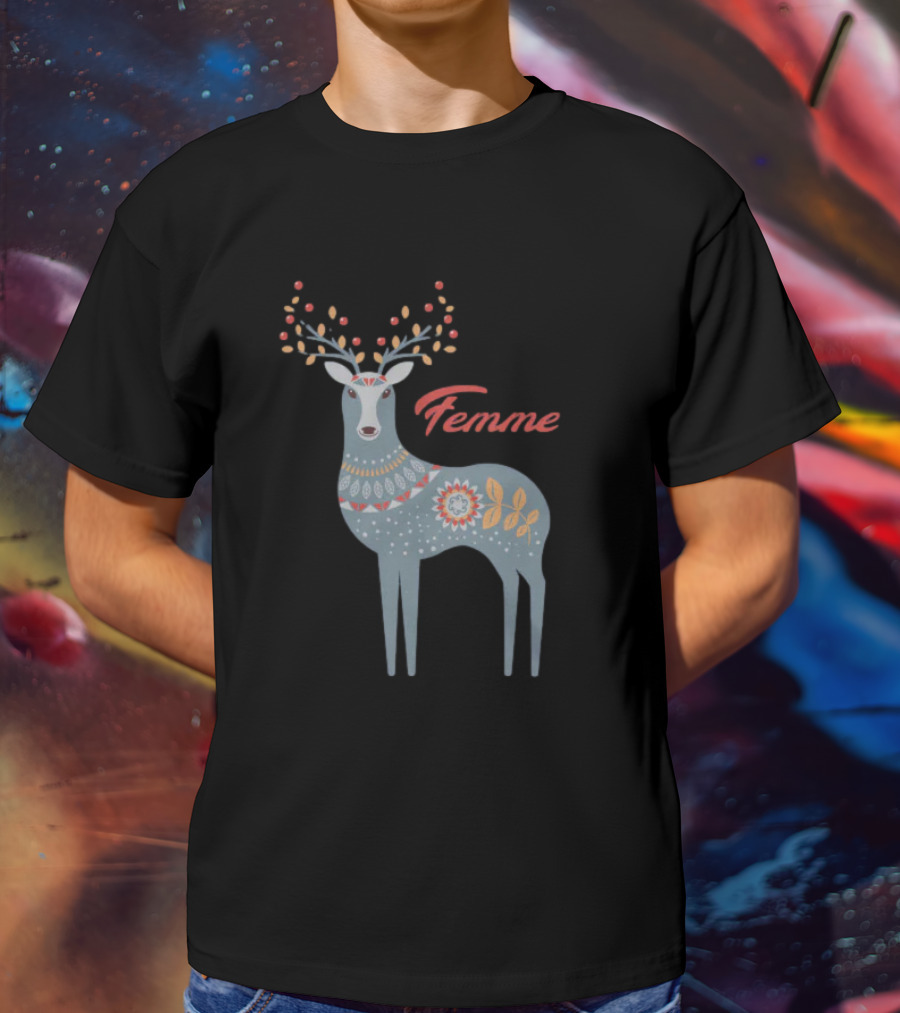 Femme Nordic Deer With Patterned Antlers T-Shirt