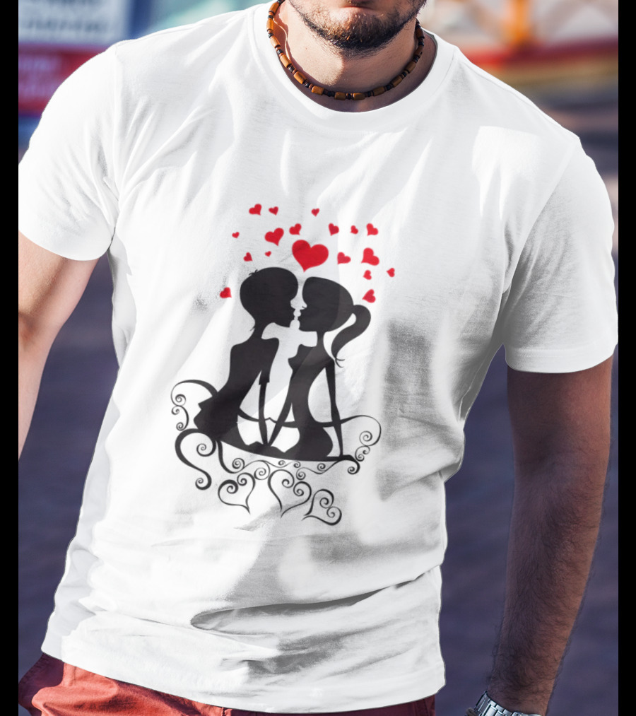 Lesbian Couple Kissing Romantic Silhouettes With Heart And Hearts T-Shirt