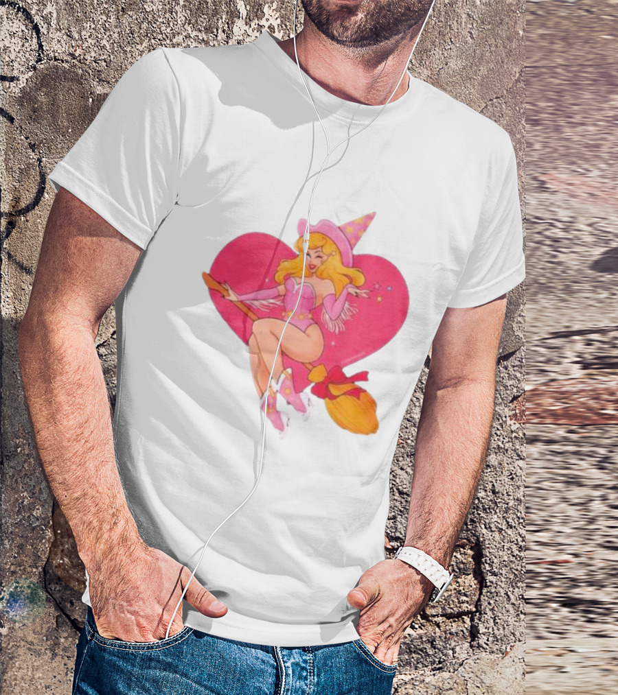 This Barbie Is A Witch Riding A Broomstick With Pink Heart Background T-Shirt