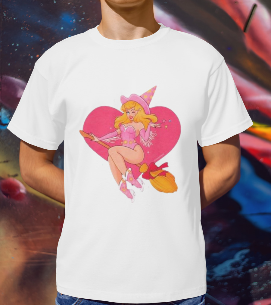 This Barbie Is A Witch Riding A Broomstick With Pink Heart Background T-Shirt
