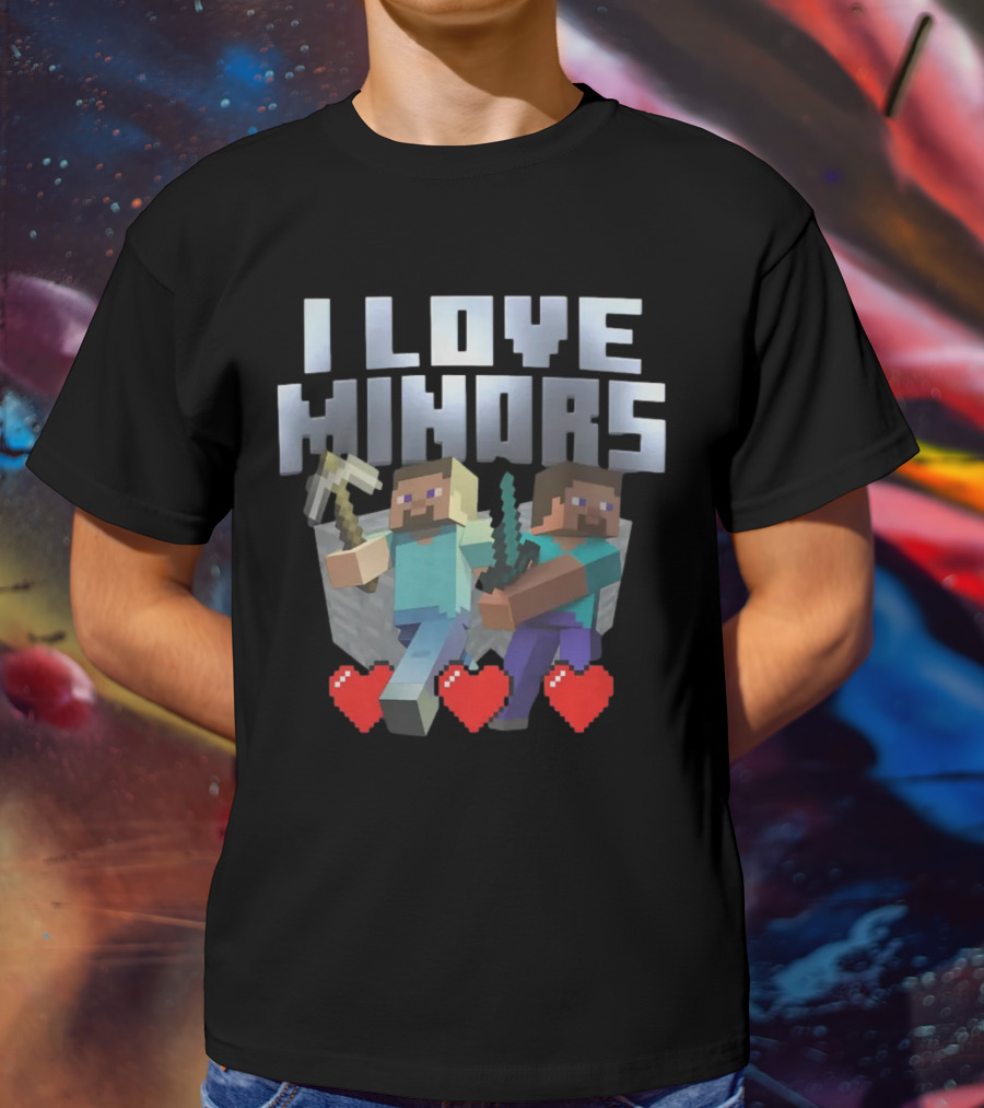 I Love Minors Minecraft Characters With Tools And Hearts T-Shirt
