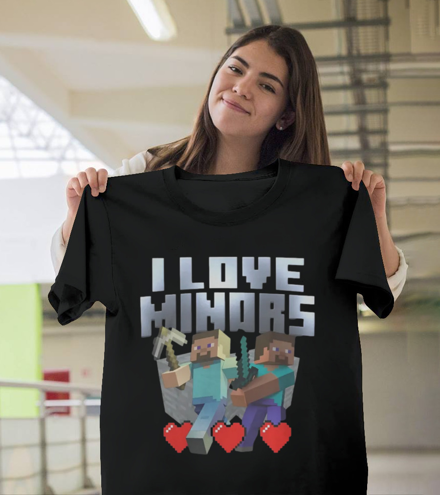 I Love Minors Minecraft Characters With Tools And Hearts T-Shirt