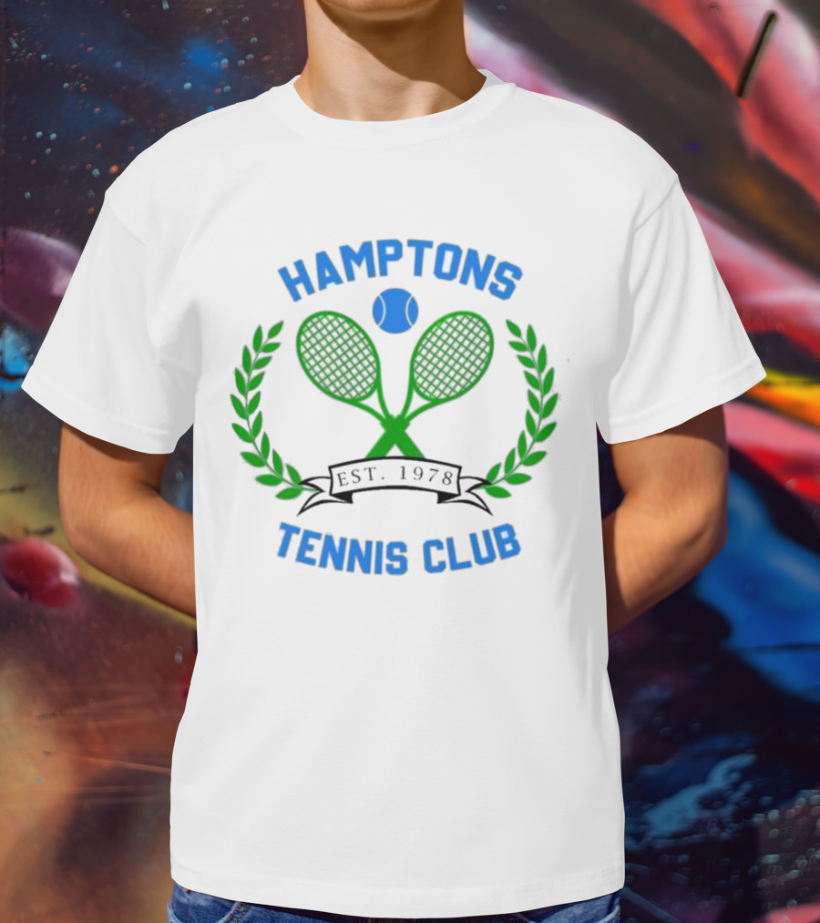 Hamptons Tennis Club Est. 1978 Green Rackets Blue Ball Laurel Wreath T-Shirt
