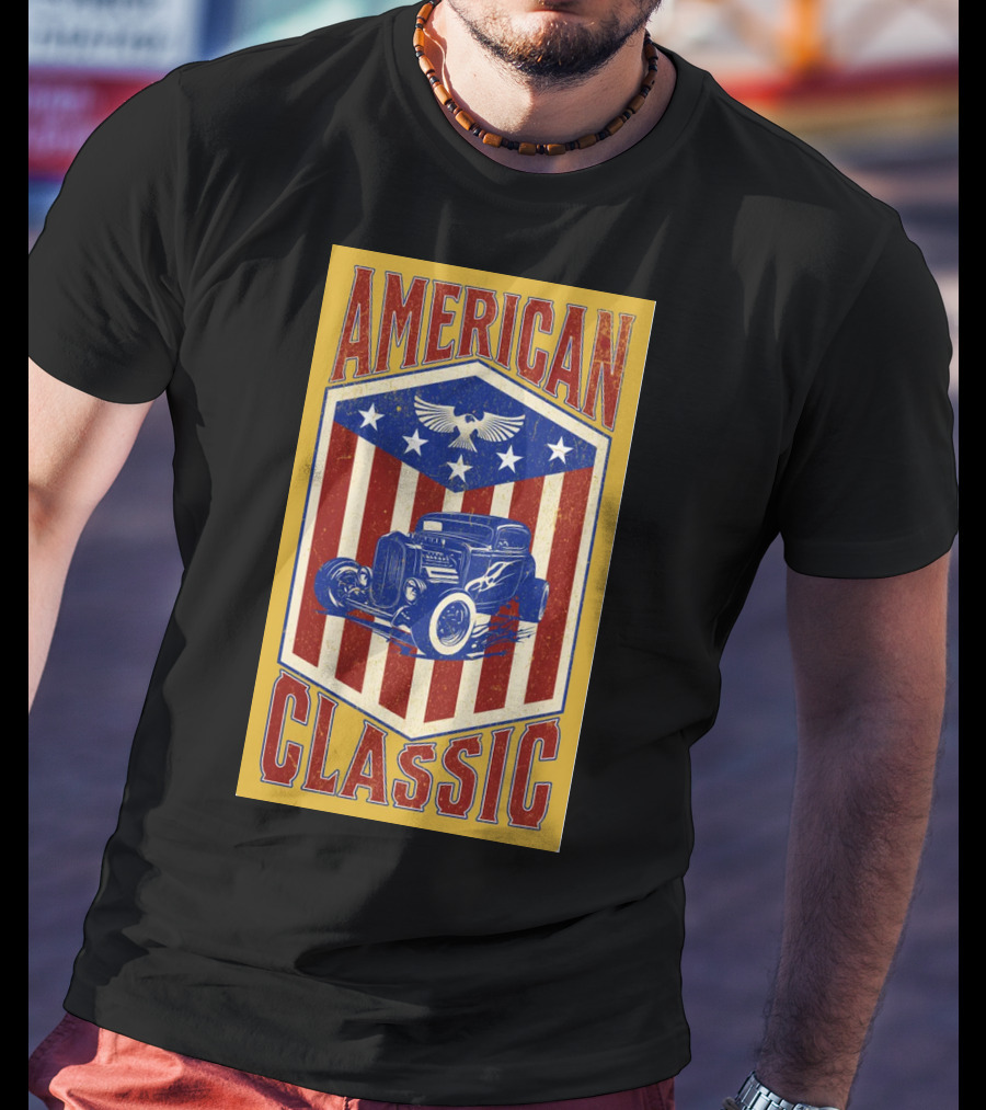AMERICAN CLASSIC Hot Rod Eagle Stripes Stars Vintage Retro T-Shirt