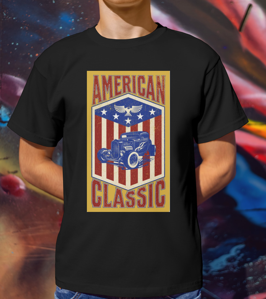 AMERICAN CLASSIC Hot Rod Eagle Stripes Stars Vintage Retro T-Shirt