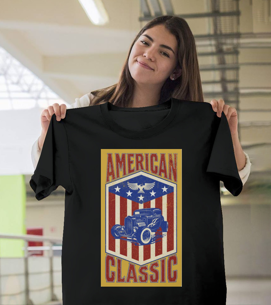AMERICAN CLASSIC Hot Rod Eagle Stripes Stars Vintage Retro T-Shirt