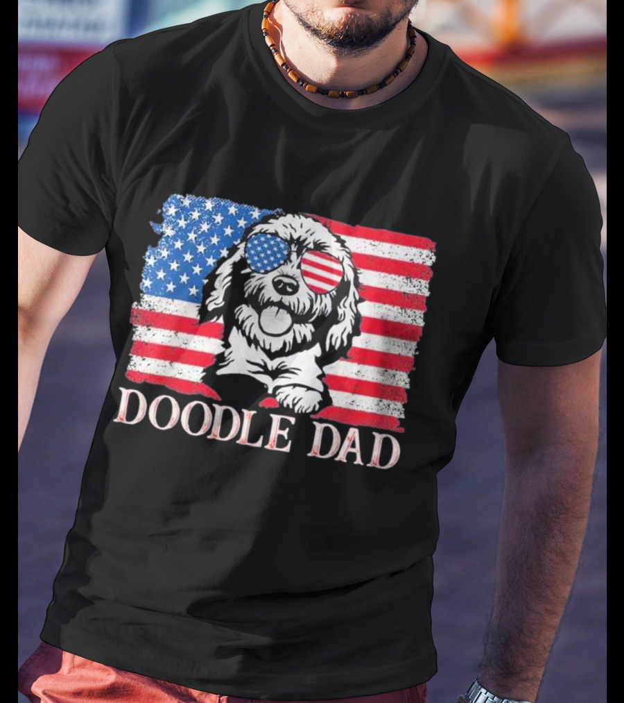 Goldendoodle Doodle Dad American Flag Sunglasses T-Shirt
