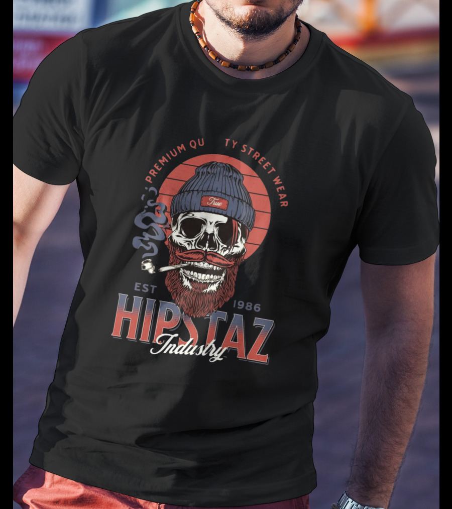Premium Quality Streetwear Hipstaz Industry Est 1986 Skull With Pipe And Beanie T-Shirt