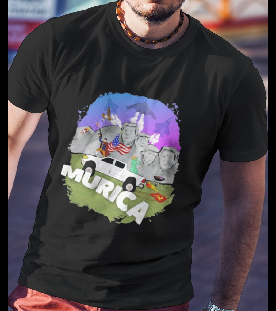 Murica Mount Rushmore Bald Eagle Statue Of Liberty Pickup Truck Bombers Jets T-Shirt