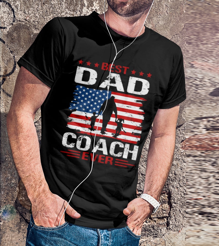 Best Dad Coach Ever USA Flag Baseball Dad Father's Day T-Shirt