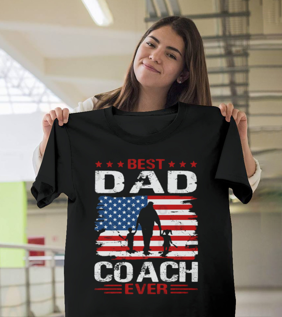 Best Dad Coach Ever USA Flag Baseball Dad Father's Day T-Shirt