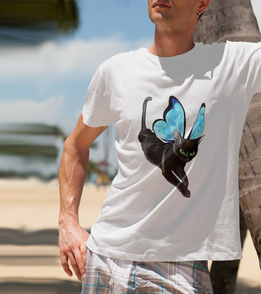 Black Cat With Blue Butterfly Wings T-Shirt