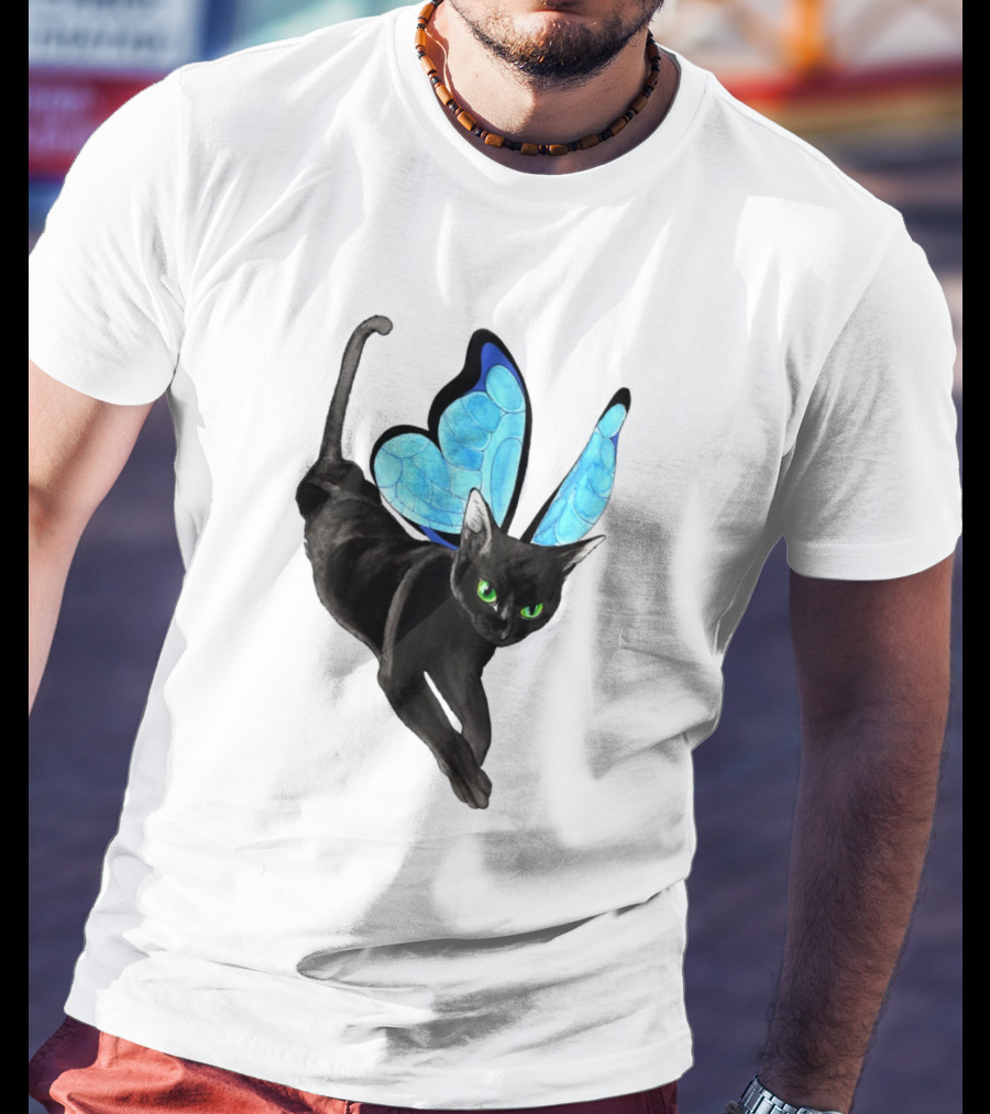 Black Cat With Blue Butterfly Wings T-Shirt