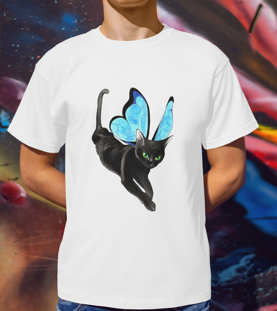 Black Cat With Blue Butterfly Wings T-Shirt