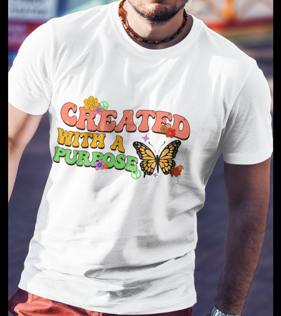 Created With A Purpose Butterfly Flowers Peace Sign T-Shirt
